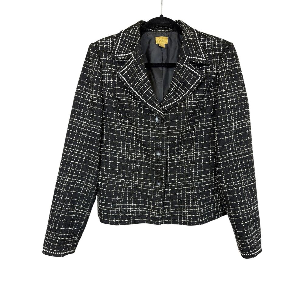 Caslon Black White Tweed Blazer 3 Button Professional Career Structured Size 8